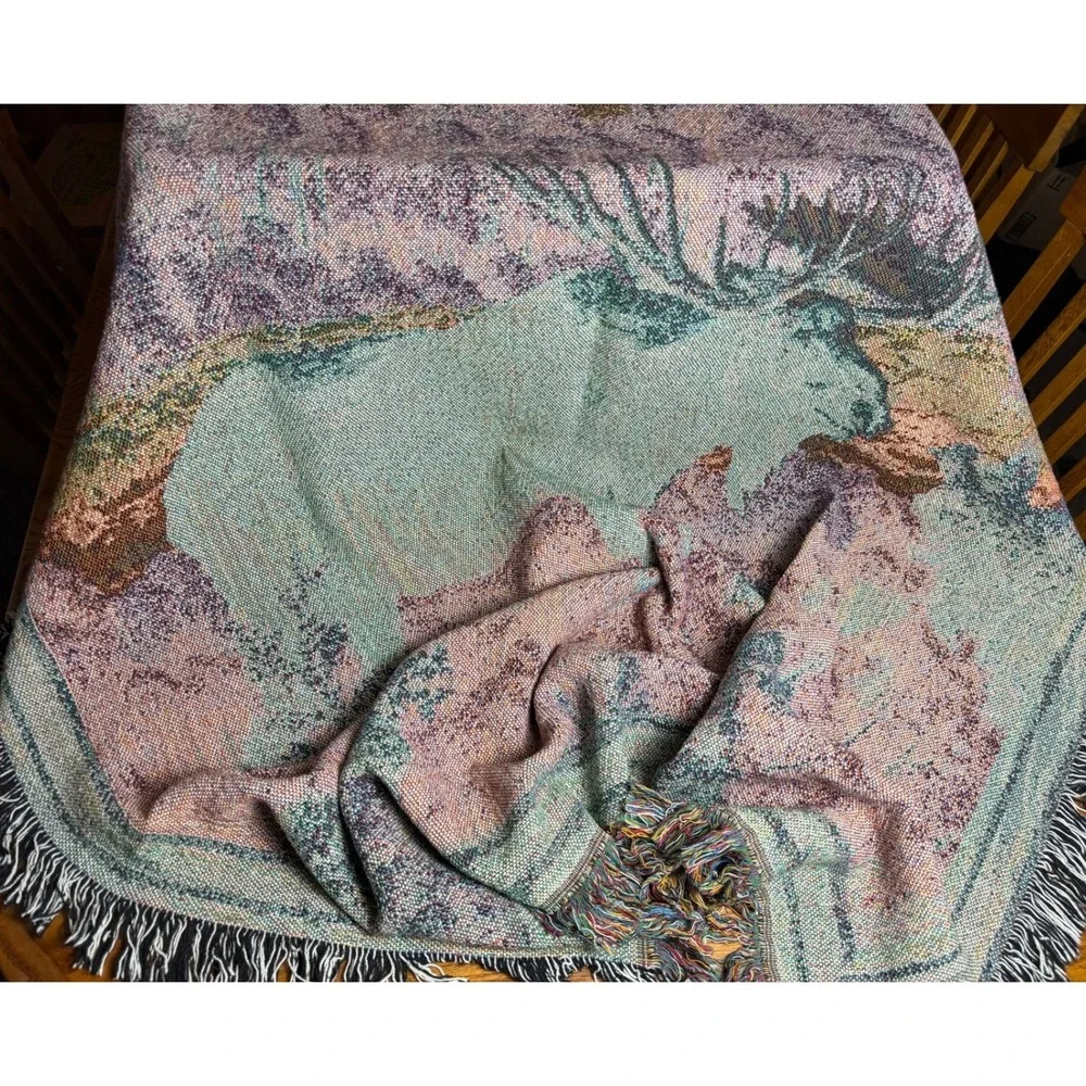 Vintage Woven Tapestry Throw Blanket-Moose, Cabin Lodge Decor, Fringed Edge